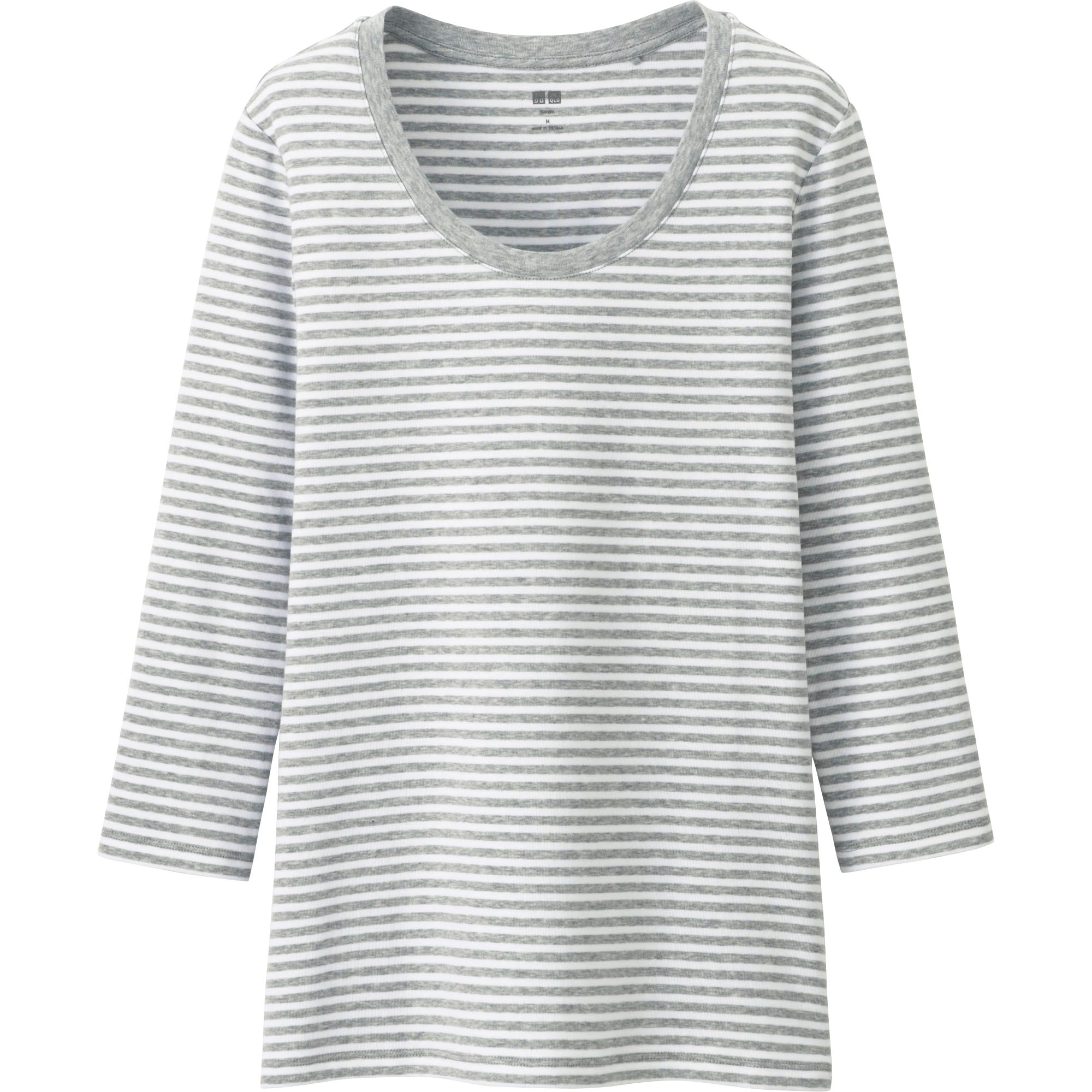 WOMEN SUPIMA COTTON STRIPED CREWNECK 3/4 SLEEVE T-SHIRT