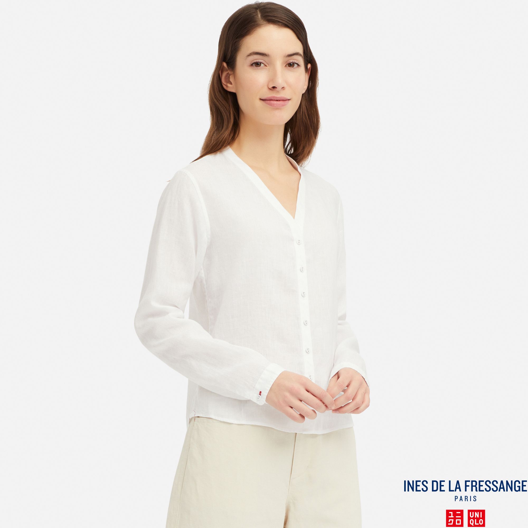 WOMEN INES LINEN V NECK LONG SLEEVED BLOUSE