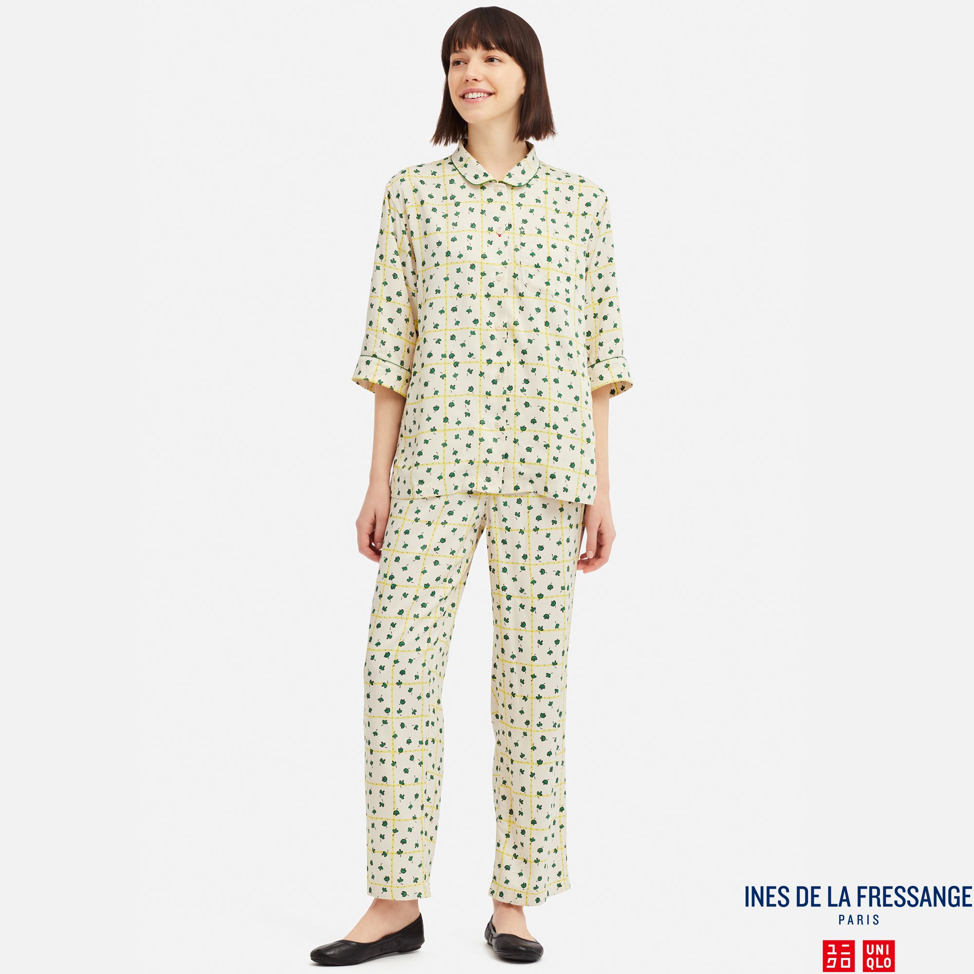 WOMEN INES RAYON LEAF CHECKED PRINT 3/4 SLEEVED PYJAMAS