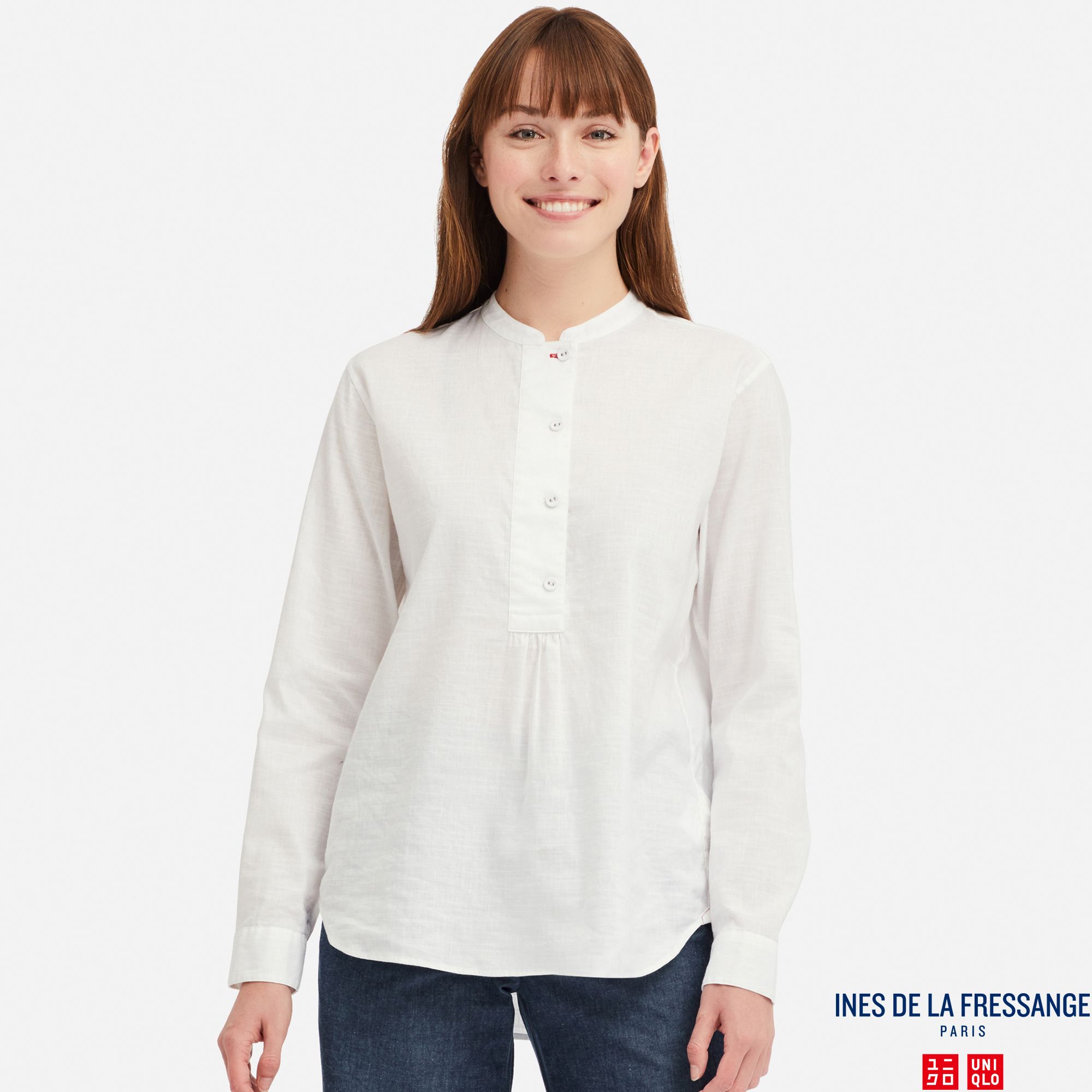 WOMEN INES LINEN COTTON BLEND STAND COLLAR LONG SLEEVED SHIRT