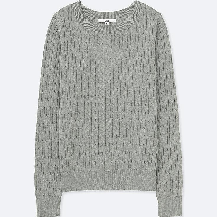 WOMEN COTTON CASHMERE CABLE BOAT NECK SWEATER