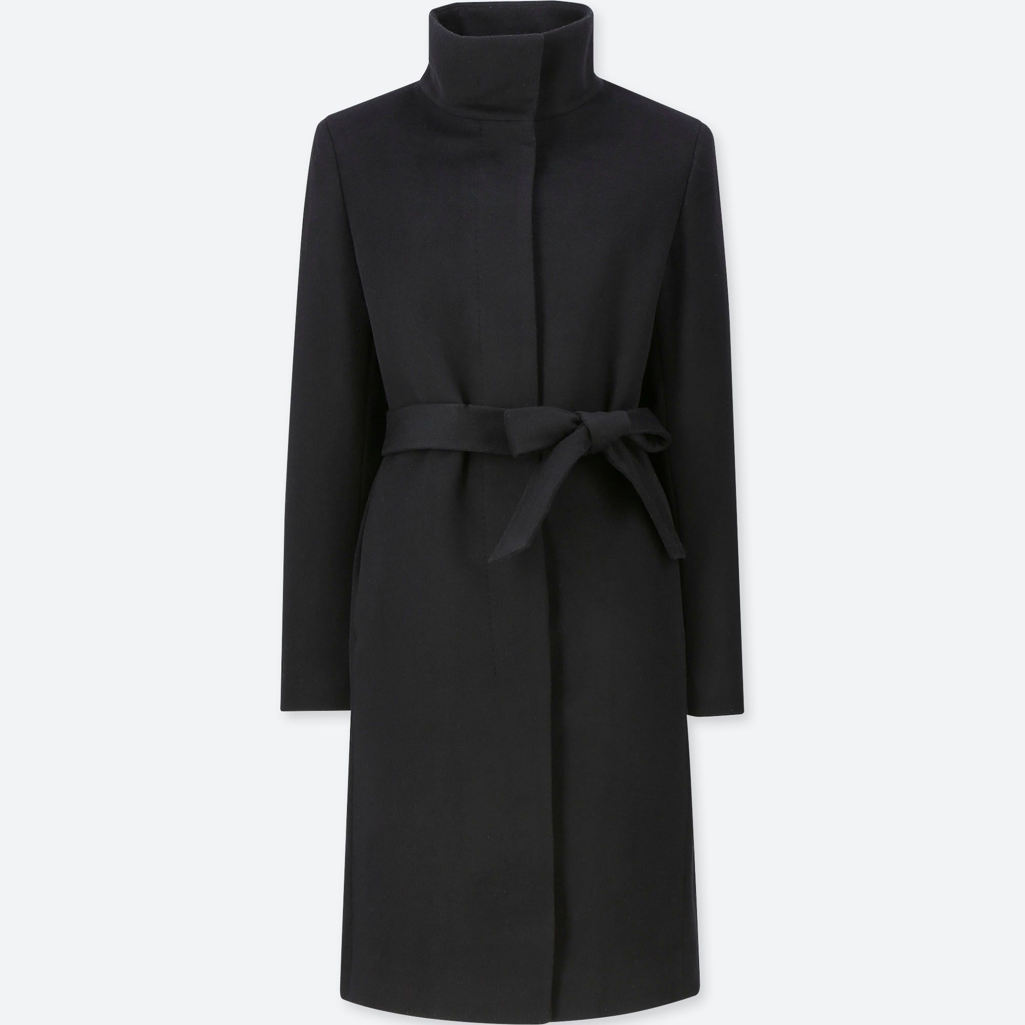 WOMEN CASHMERE BLENDED STAND COLLAR COAT, BLACK, medium