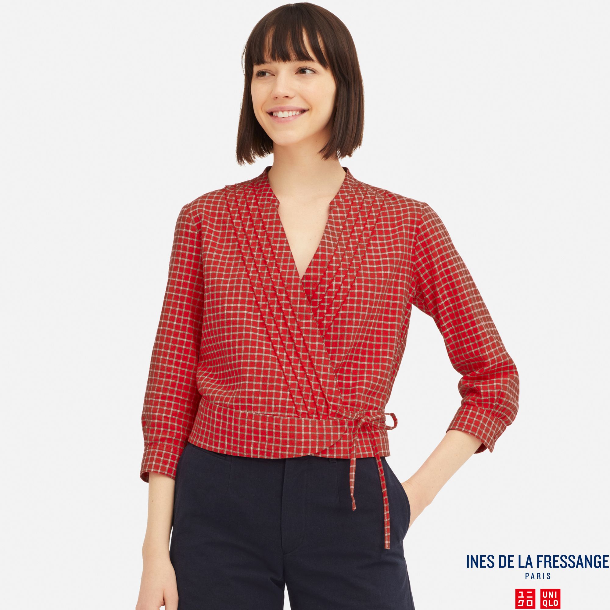 WOMEN INES LINEN COTTON BLEND 3/4 SLEEVED WRAP BLOUSE