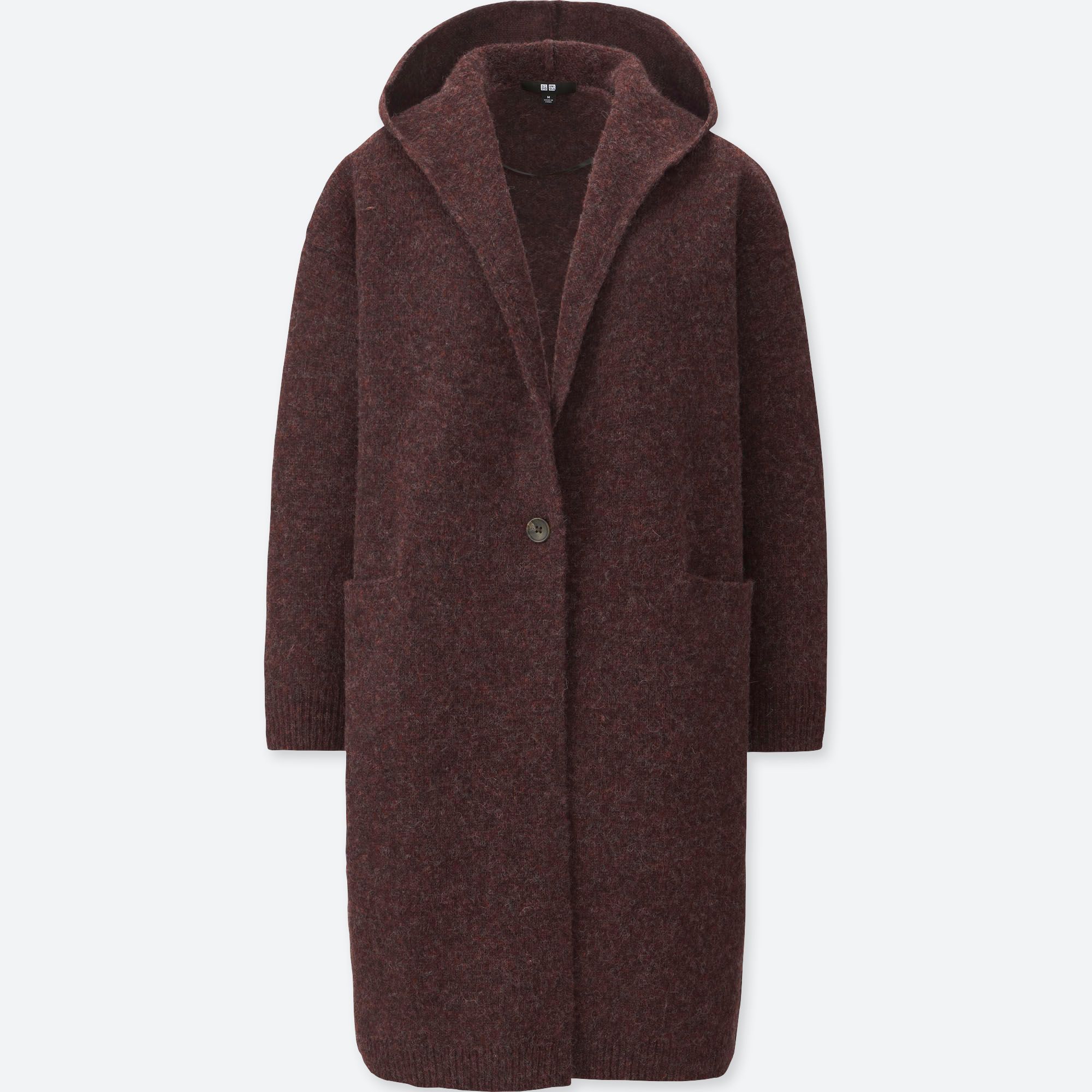 WOMEN MELANGE WOOL HOODED KNITTED COAT, WINE, medium