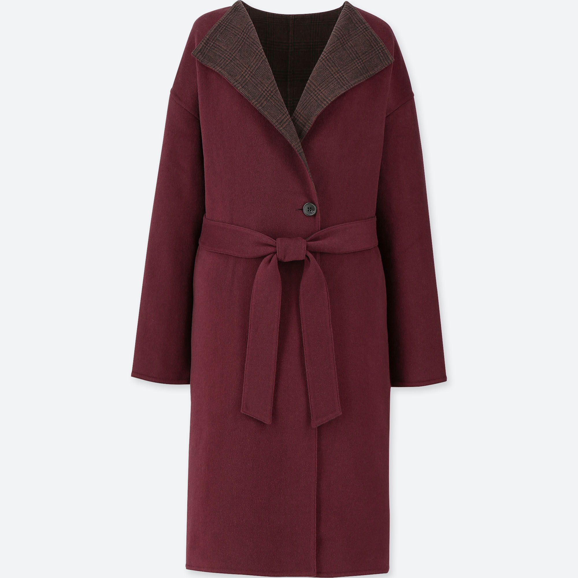 WOMEN DOUBLE FACE COLLARLESS COAT, WINE, medium