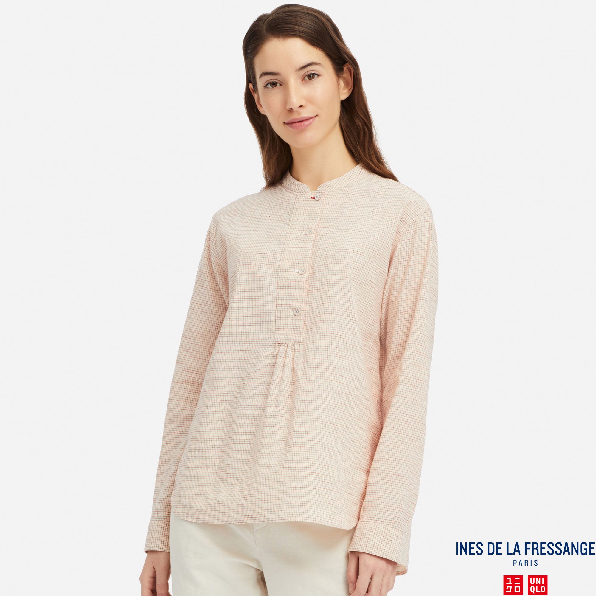 WOMEN INES LINEN COTTON BLEND STAND COLLAR LONG SLEEVED SHIRT