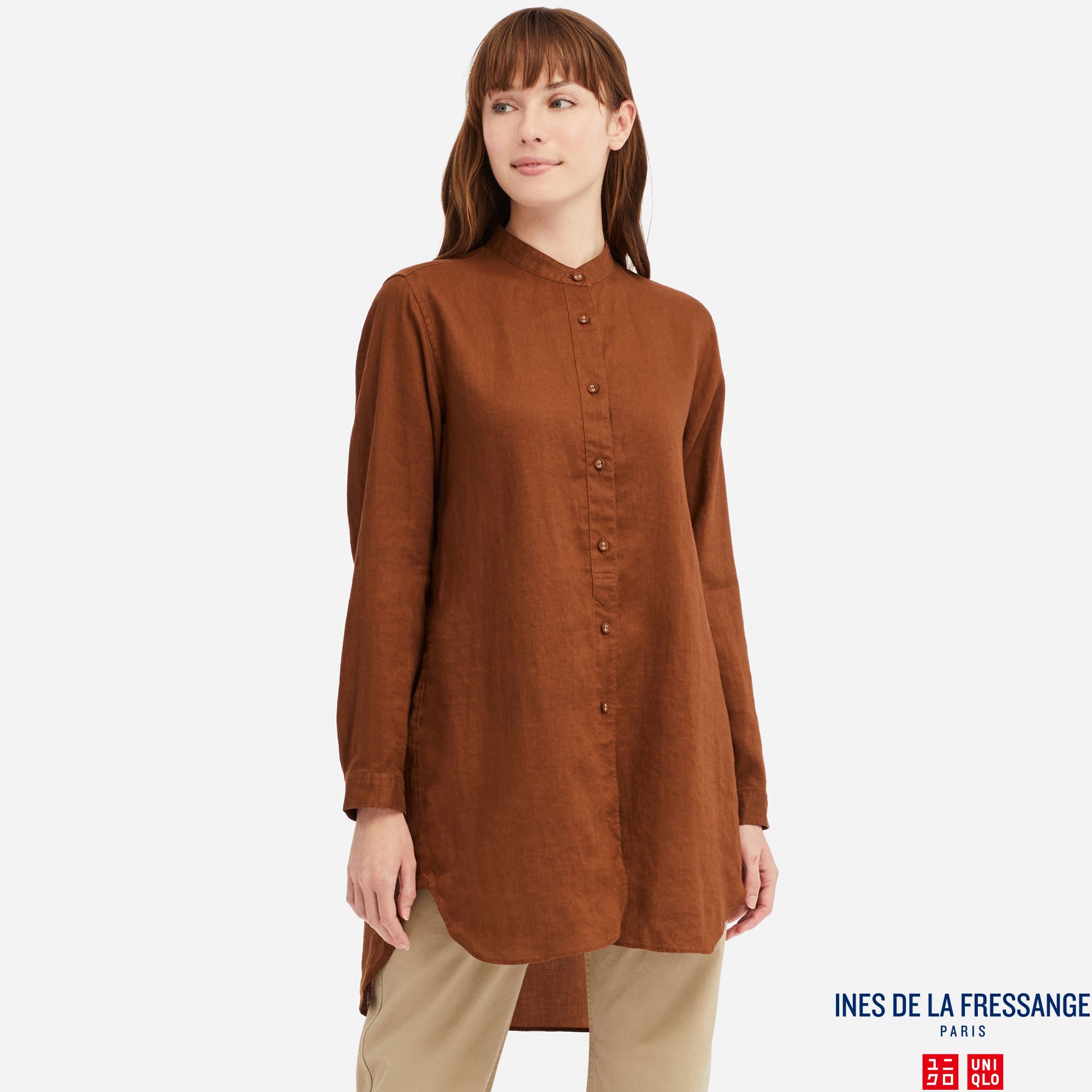 WOMEN INES LINEN STAND COLLAR LONG SLEEVED TUNIC