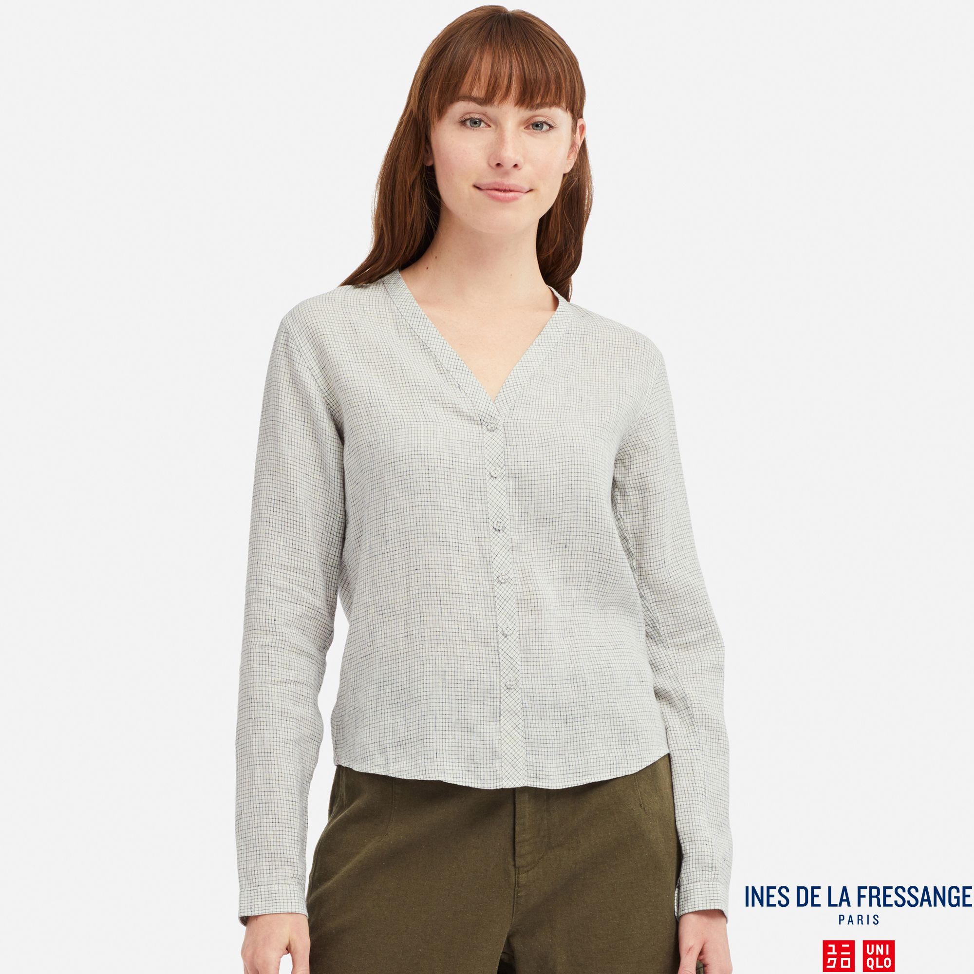 WOMEN INES LINEN V NECK LONG SLEEVED BLOUSE