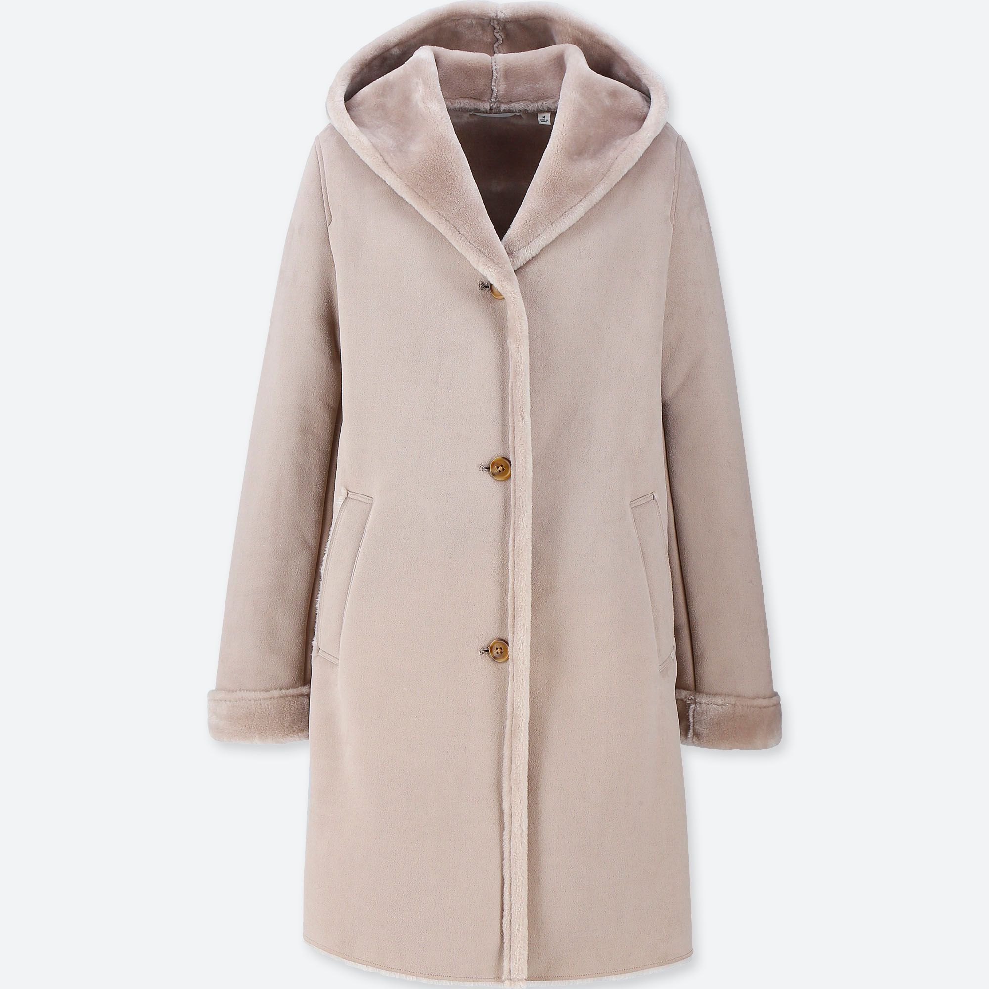 WOMEN FAUX SHEARLING HOODED COAT, BEIGE, medium