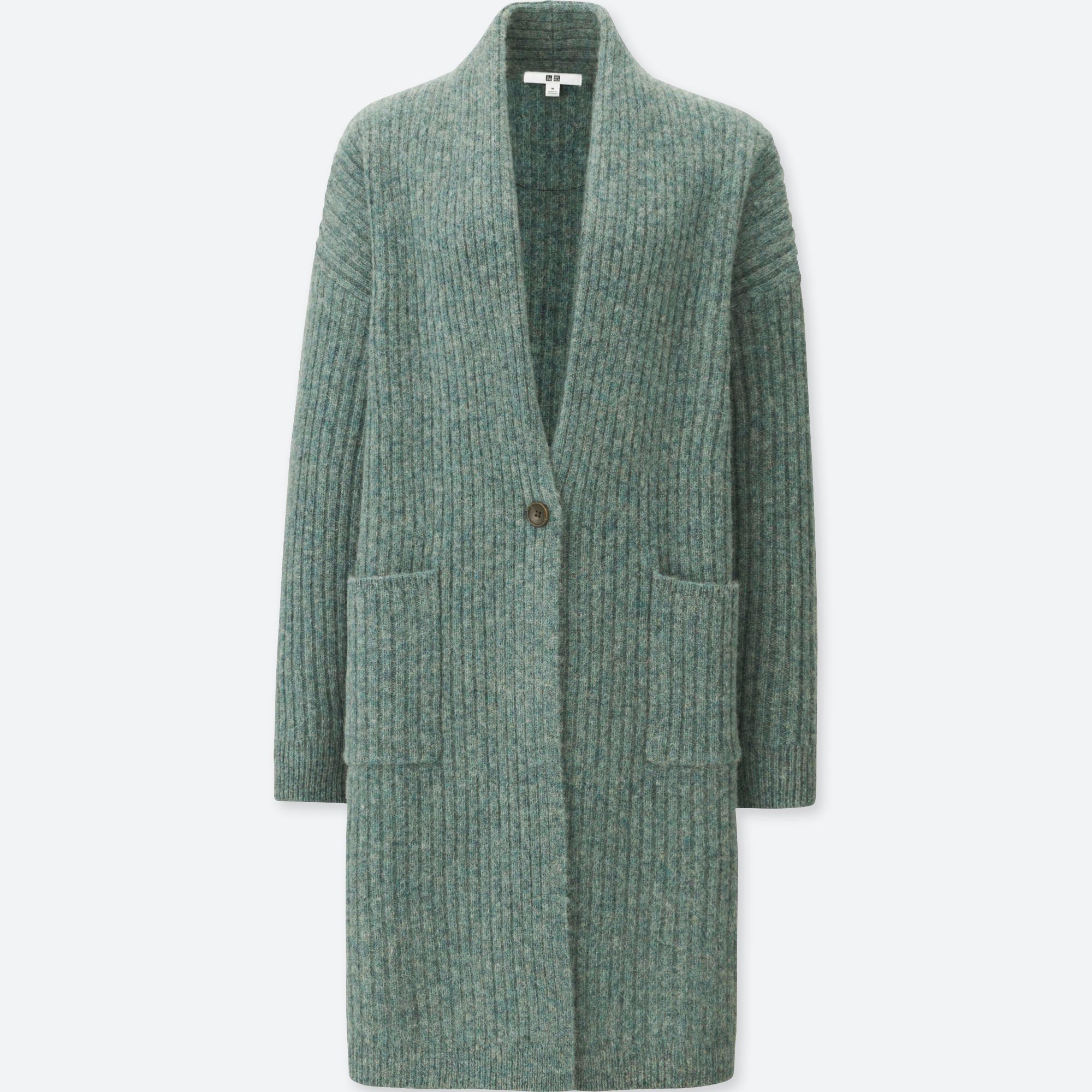 WOMEN WOOL RIBBED KNITTED COAT, GREEN, medium
