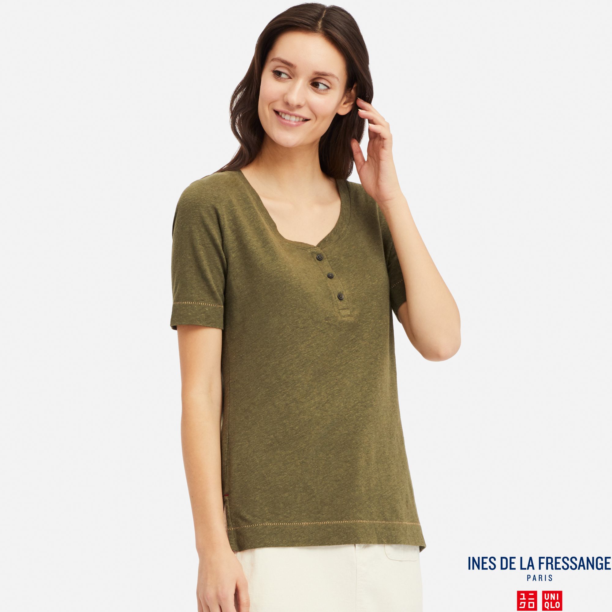 WOMEN INES LINEN BLEND HENLEY NECK SHORT SLEEVED T-SHIRT