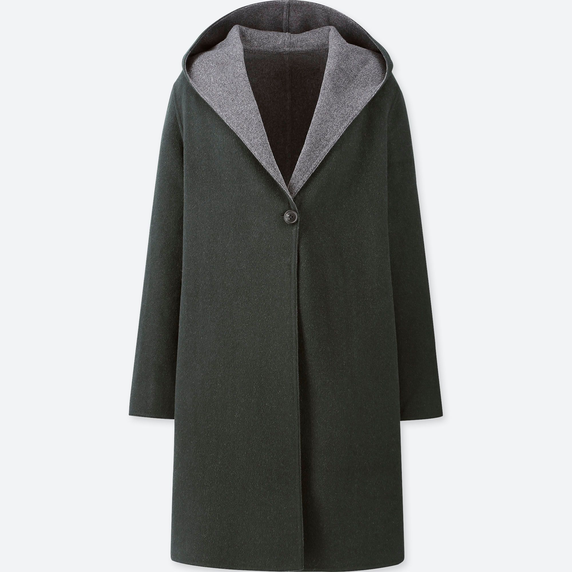 WOMEN DOUBLE FACE HOODED COAT, DARK GREEN, medium