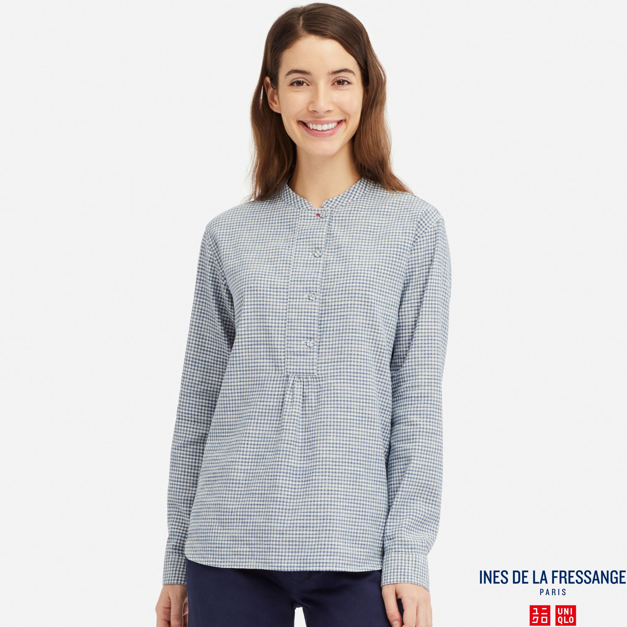 WOMEN INES LINEN COTTON BLEND STAND COLLAR LONG SLEEVED SHIRT