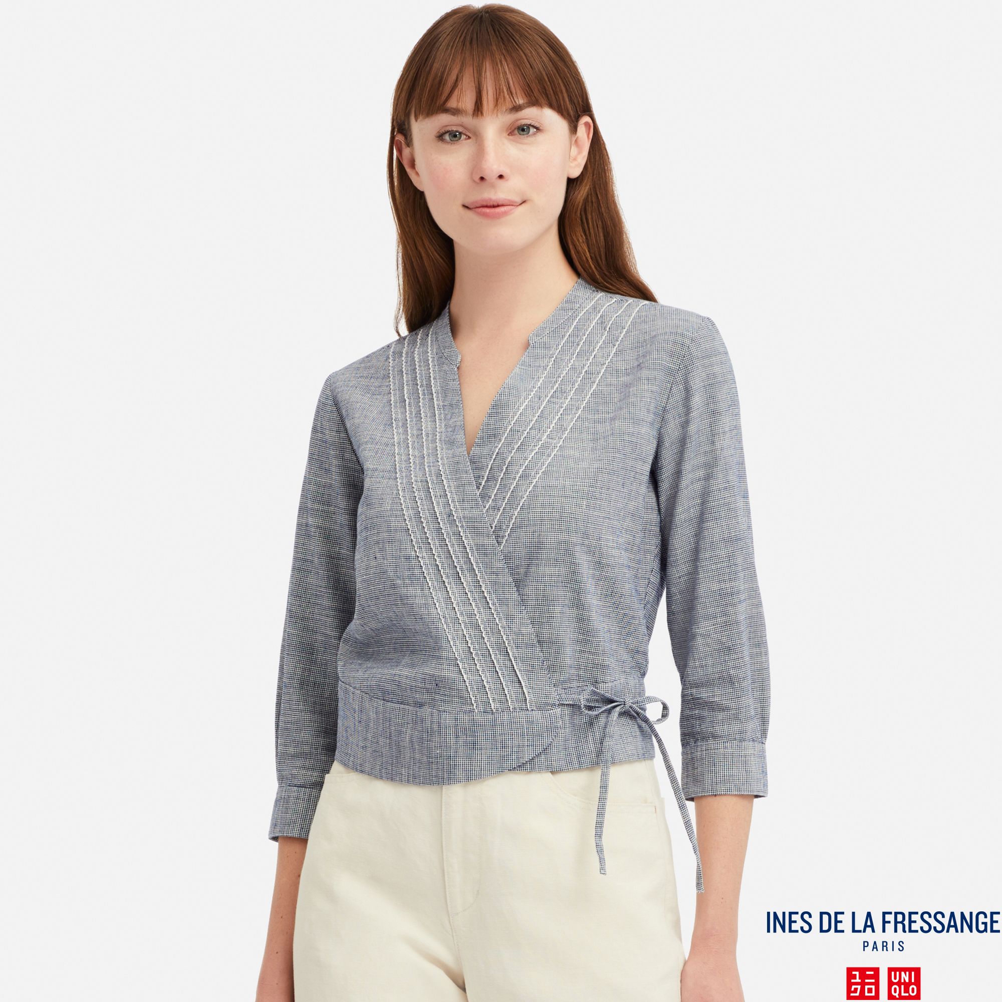 WOMEN INES LINEN COTTON BLEND 3/4 SLEEVED WRAP BLOUSE