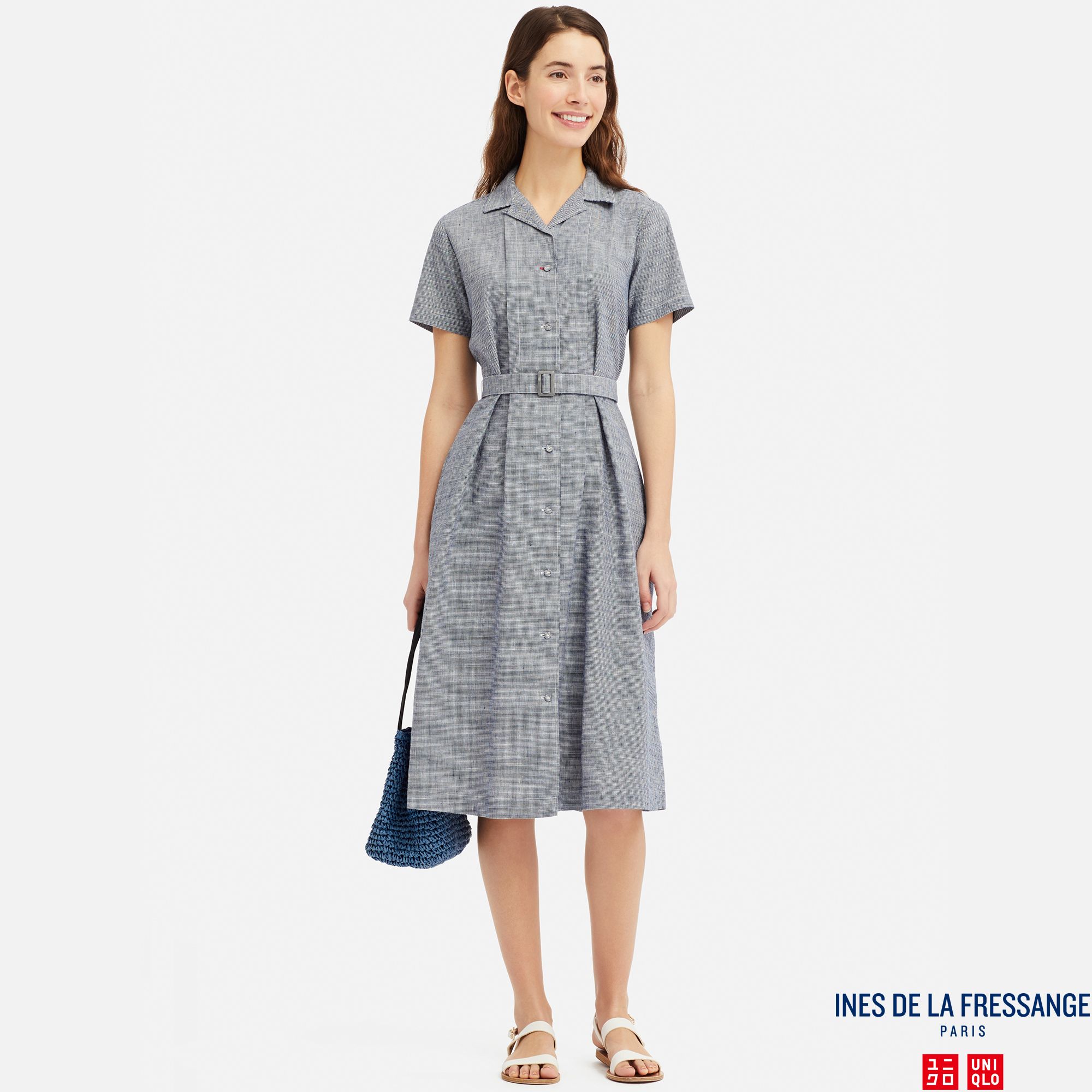 WOMEN INES LINEN COTTON BLEND TUCKED SHORT SLEEVED DRESS