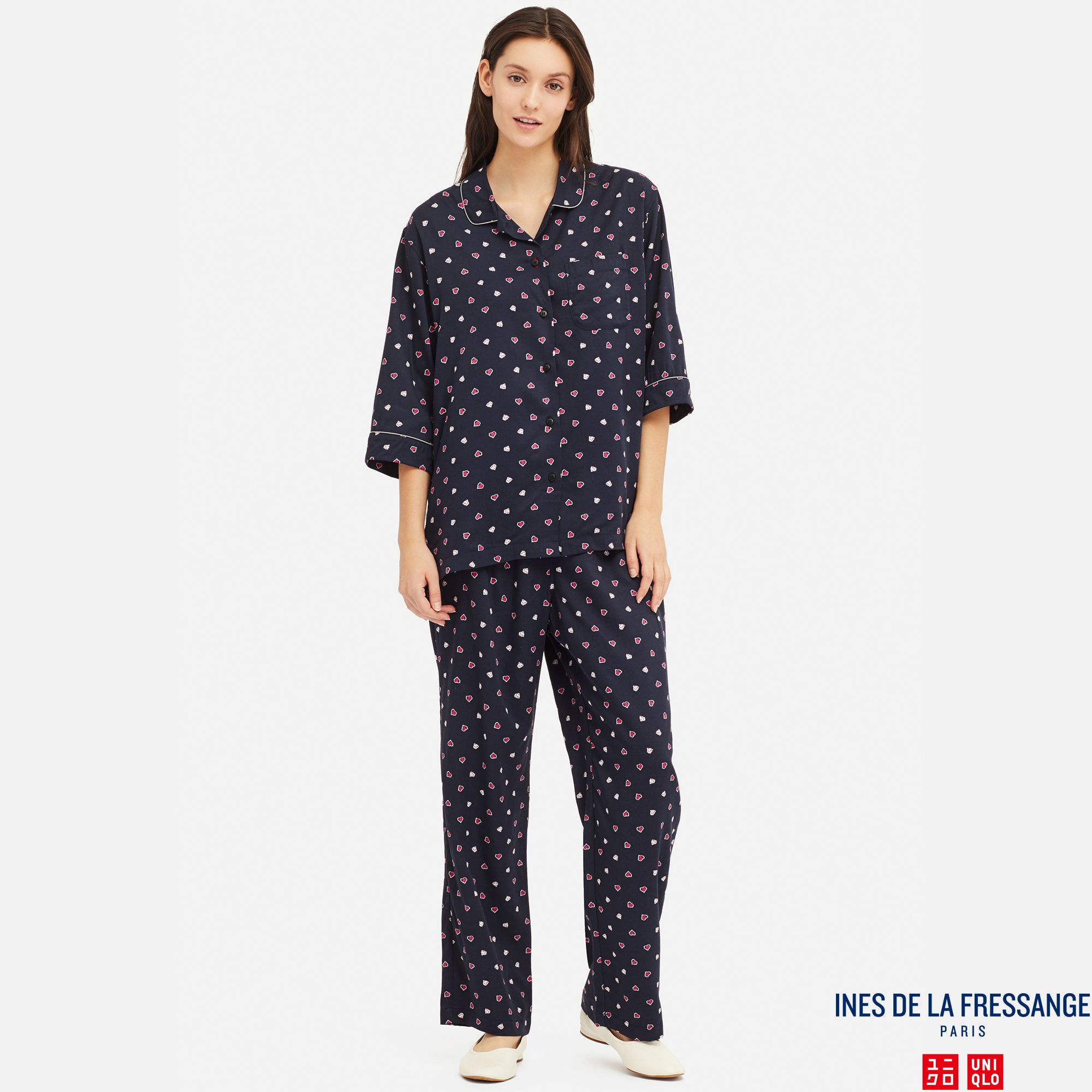 WOMEN INES RAYON HEART PRINTED 3/4 SLEEVED PYJAMAS