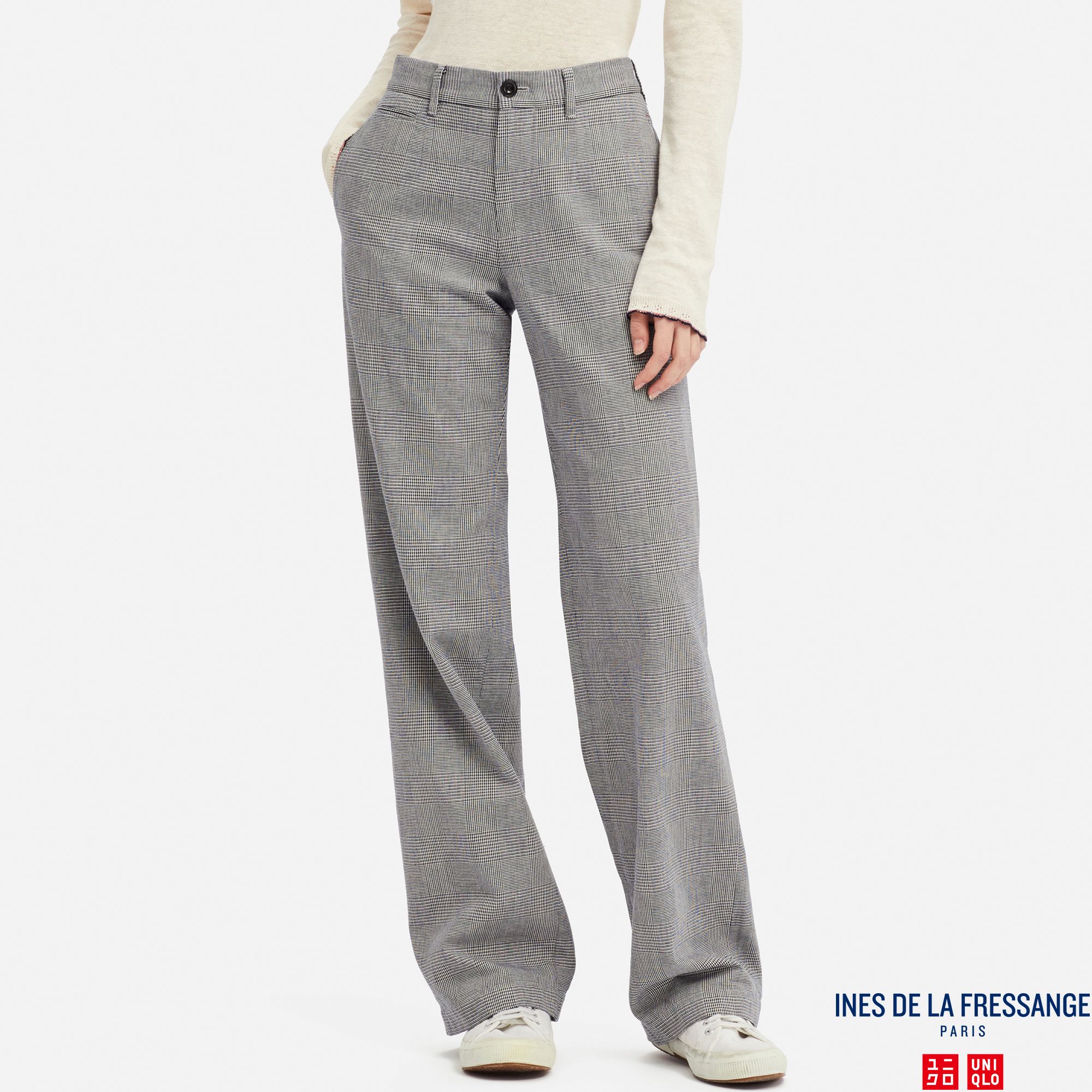 WOMEN INES COTTON WIDE LEG CHECKED TROUSERS