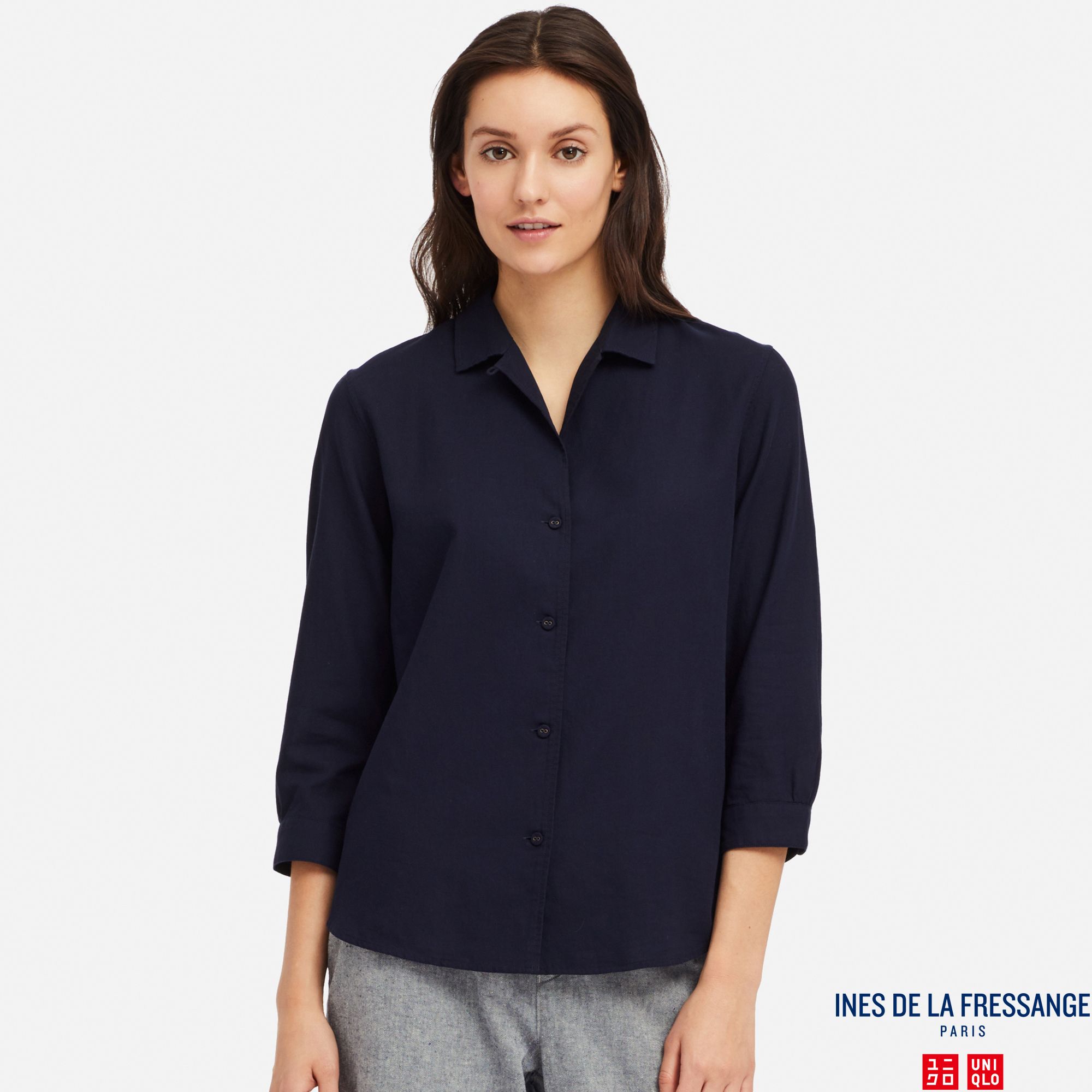 WOMEN INES COTTON OPEN COLLAR 3/4 SLEEVED SHIRT