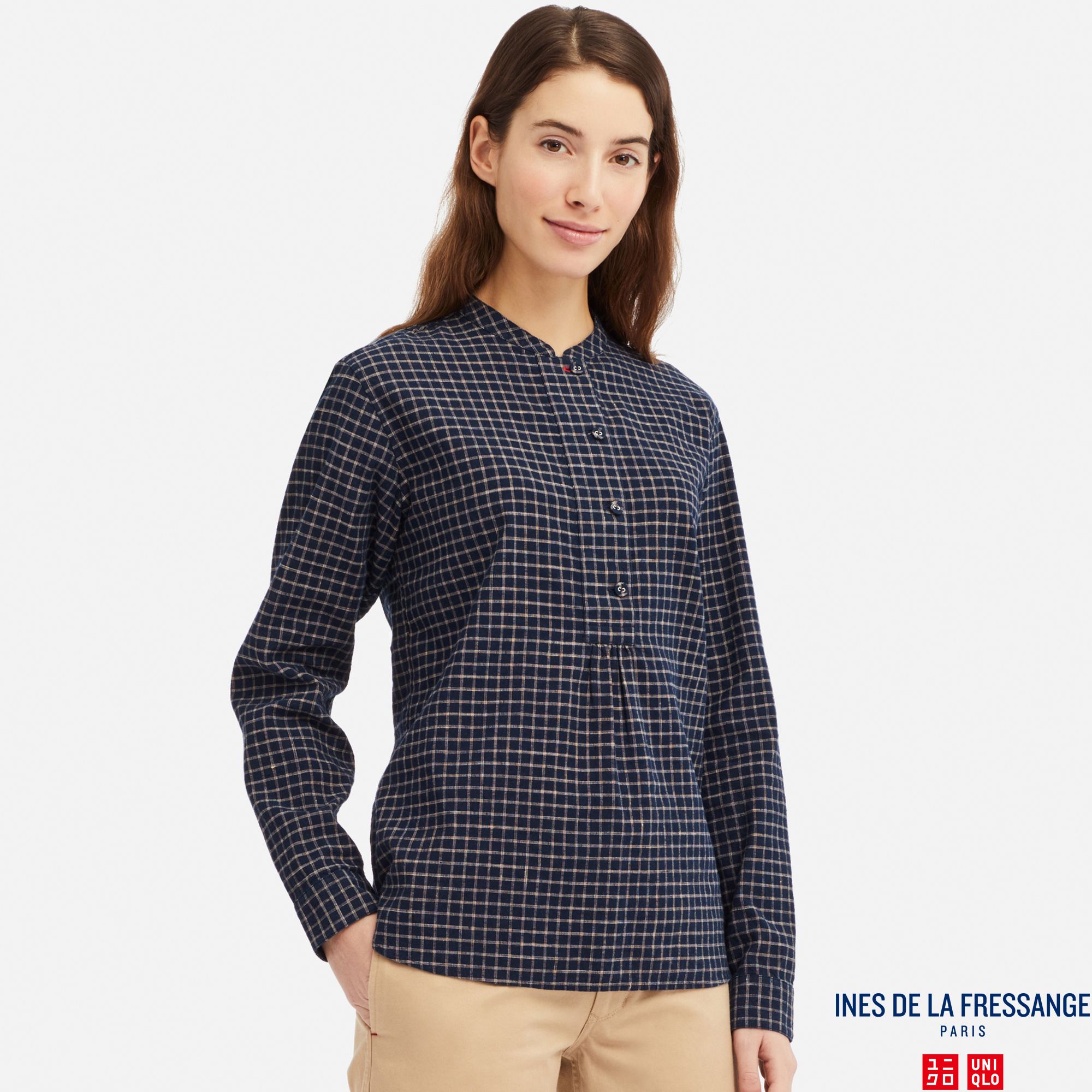 WOMEN INES LINEN COTTON BLEND STAND COLLAR LONG SLEEVED SHIRT