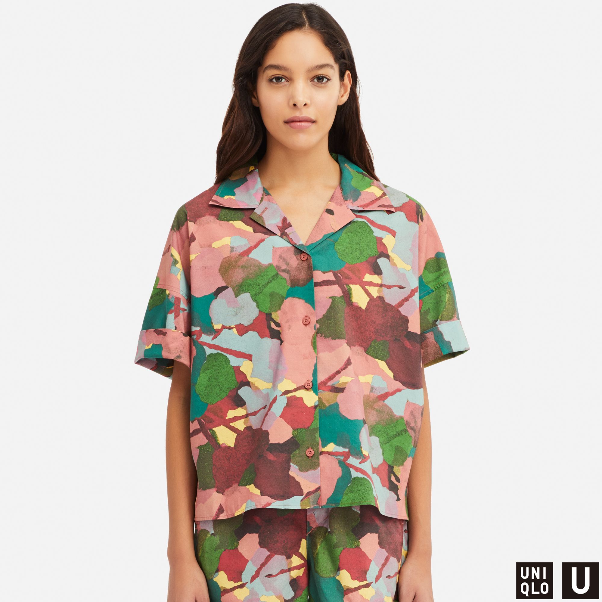 WOMEN UNIQLO U OPEN COLLAR PRINTED HALF SLEEVED SHIRT